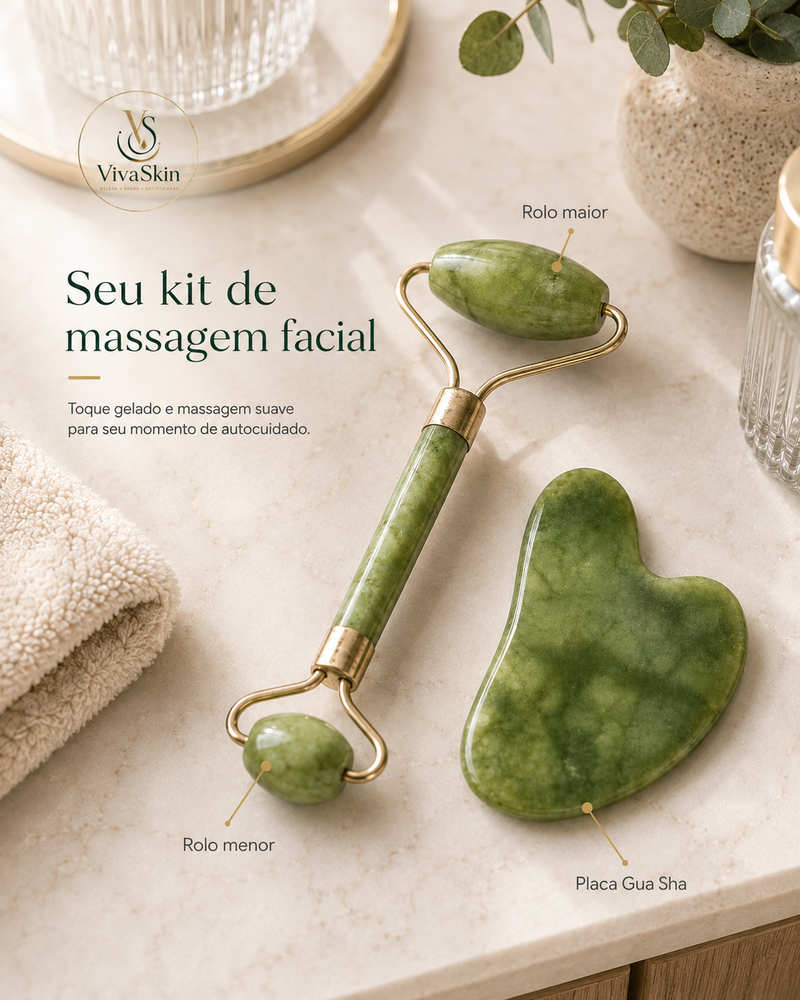 Massagem Facial Jade: Rolo de Pedra Jade + BRINDE - Placa Gua Sha